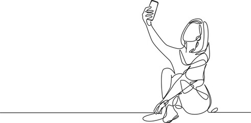 continuous single line drawing of young woman sitting on floor taking selfie, line art vector illustration
