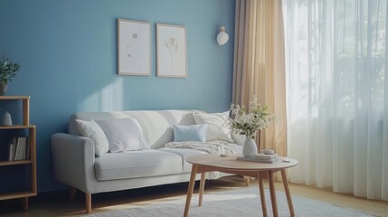 A bright modern living room with a white sofa, a wooden coffee table and indoor plants. Natural light shines in, creating a cozy home atmosphere.