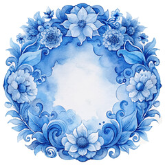 Round Watercolor Floral Frame in Indigo Colors. Can be used as decal, design for tiles, fabric, interior. Capri Majolica