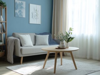 A bright modern living room with a white sofa, a wooden coffee table and indoor plants. Natural light shines in, creating a cozy home atmosphere.