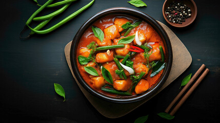 A large bowl of rich Thai curry with vegetables, garnished with fresh herbs, served in a dark ceramic bowl on a wooden cutting board with chopsticks and spices.