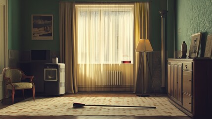 Old room interior with furniture and window light shining through