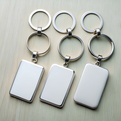 Fototapeta premium Three blank metal keychains with a silver finish. perfect for personalizing with logos. names. or messages.