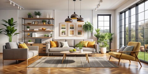 Fototapeta premium Modern living room with a variety of furniture and decor items, interiors, furniture, home decor, contemporary, stylish