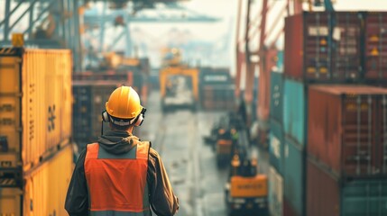 Cargo Port Worker with Safety Gear and Containers
