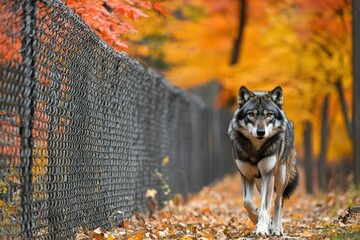 Wolf Walking Through Autumn Forest With Chain Link Fence