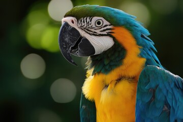 Fototapeta premium Blue-and-yellow macaw posing on blurred background