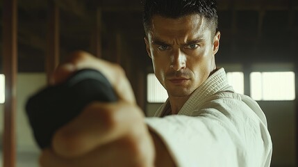 Karate master performing kendo martial art using bokken sword