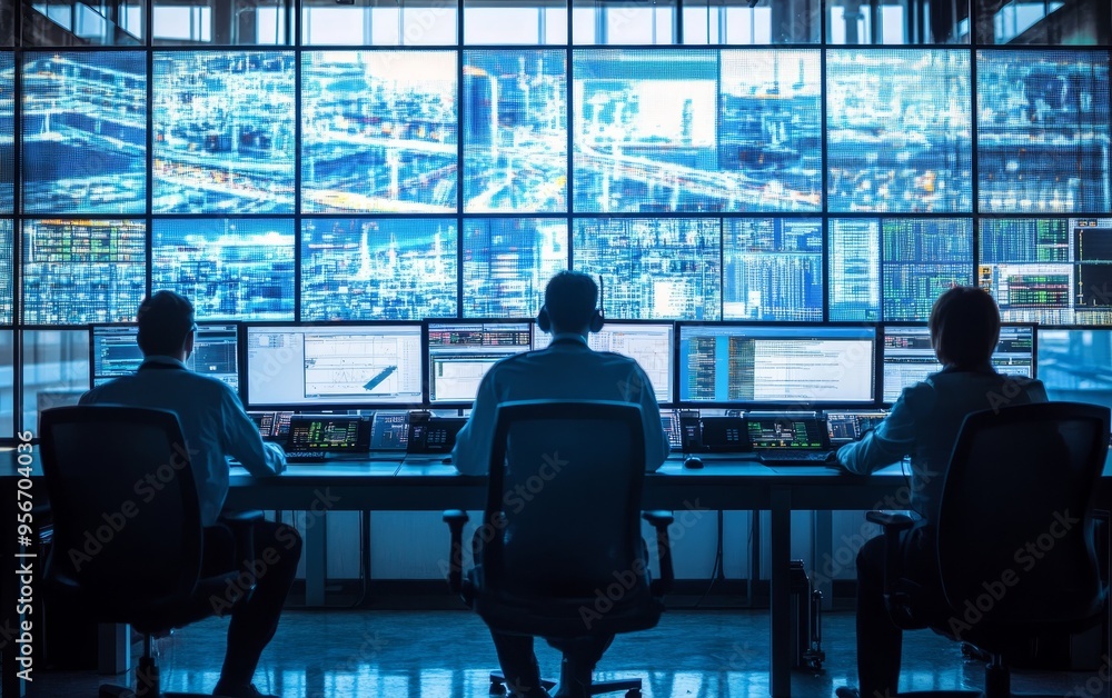 Poster a control room with three operators monitoring multiple screens displaying data and visuals for anal