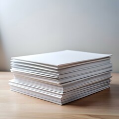 A neat stack of crisp. white papers sits on a wooden desk. ready for a new project or a fresh start.