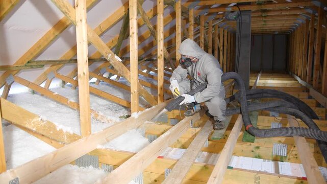 House attic insulation - construction worker installing cellulose on the roof