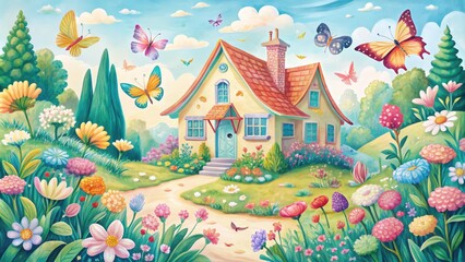Obraz premium A Whimsical Cottage Nestled in a Blooming Garden