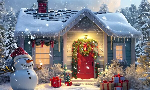 A small house with a red door and a wreath on it. The house is surrounded by trees and snow. There is a snowman outside the house and a few presents on the ground. Scene is festive and cozy