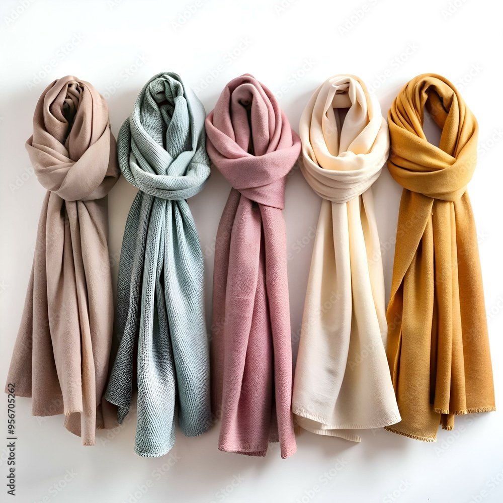 Poster a collection of five soft and colorful scarves. perfect for adding a touch of warmth and style to an