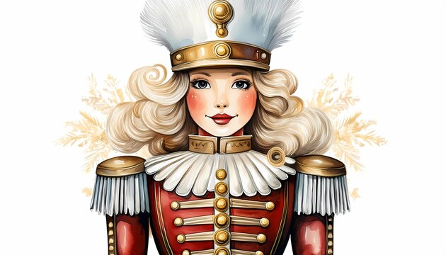 Nutcracker, watercolor clipart illustration with isolated background. closeup female nutcracker watercolor style. 