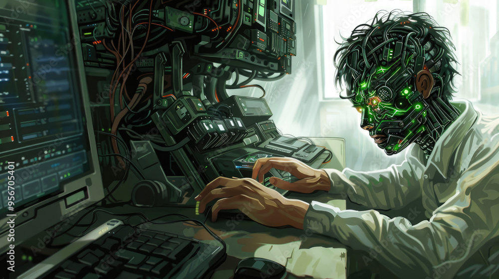 Aufkleber an individual with a cybernetic appearance operates advanced technology at a sleek workstation illum