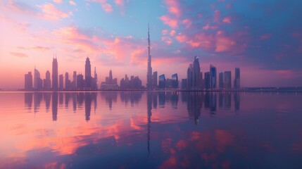 City Skyline at Dawn with Beautiful Sunrise and Reflections on Calm Water, Stunning Modern Architecture