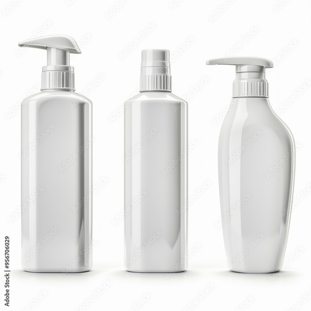 Poster three elegant white bottles are displayed in a neat row. each bottle features a distinct shape and p