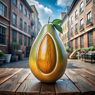 A 3D illustration of a halved eggfruit with a vibrant yellow flesh and green skin.