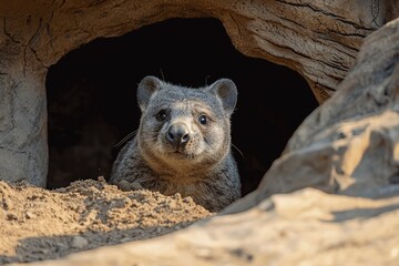 Fototapeta premium Close-up of a gray, furry animal peering out of a dark cave