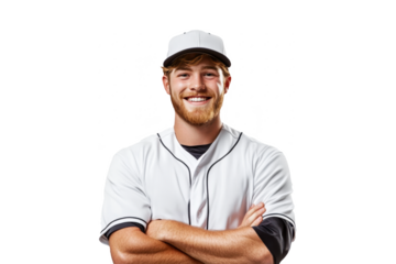 Front view portrait of a happy American male baseball player, set against a white transparent PNG cutout background, taken with professional softbox lighting for a sharp look.