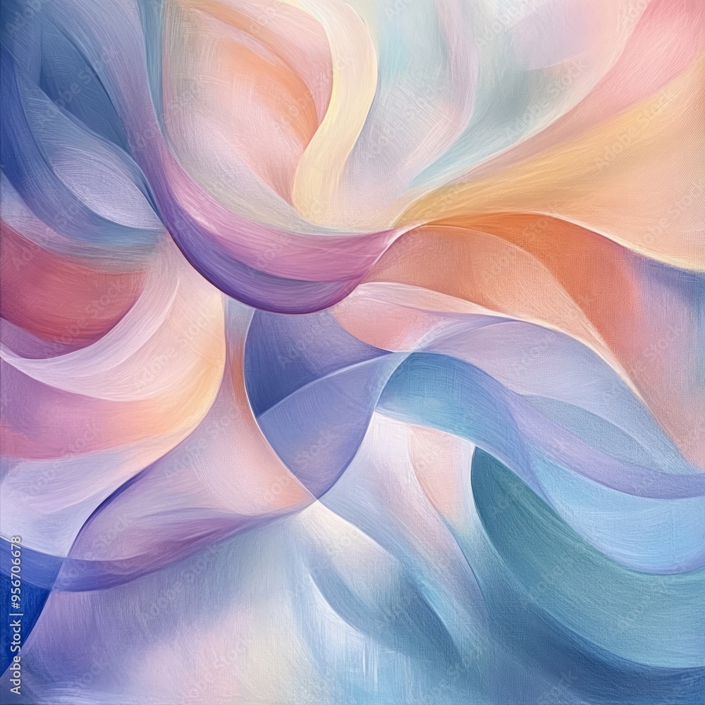 Wall mural Abstract painting with pastel colors and flowing lines.