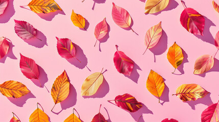 Obraz premium Colorful autumn leaves pattern on pastel pink background