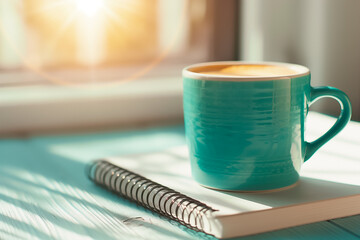 The warm sunlight streams through a window, illuminating a teal coffee cup resting on a notebook, creating a calm and inviting morning atmosphere perfect for reflection