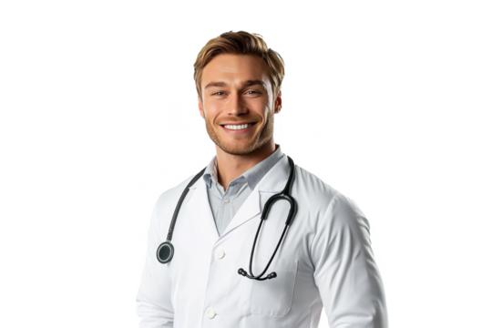 Portrait of a smiling American male doctor, viewed from the front, set against a white transparent PNG cutout backdrop, professionally lit with softbox for clarity.