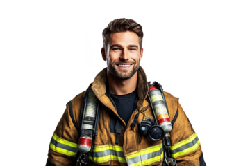 Front view portrait of a happy American male firefighter, isolated on white transparent PNG cutout, shot with professional softbox lighting to highlight a clear image.