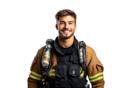 Front view portrait of a happy American male firefighter, isolated on white transparent PNG cutout, shot with professional softbox lighting to highlight a clear image.