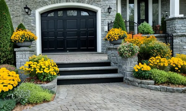Admire the lovely autumn aesthetics with bright yellow mums and lush greenery adorning the steps and driveway of a charming suburban home