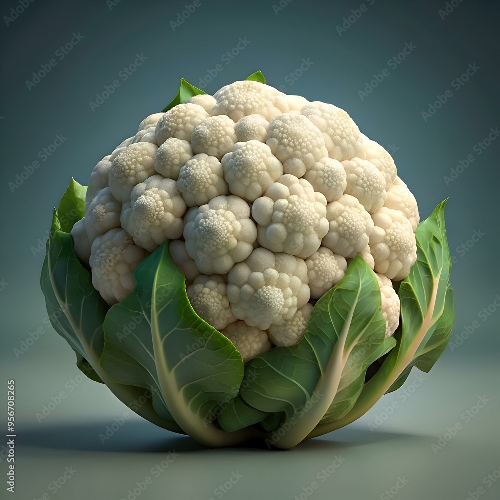 Poster a realistic 3d illustration of a whole cauliflower with intricate details. showcasing its unique. fr