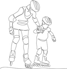 Mother spends time with her children, linear drawing. Mom and child.