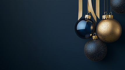 Złote i niebieskie bombki na wstążkach, zawieszone na granatowym tle, tworzą stylowe i minimalistyczne tło. Idealne do dodania świątecznych i noworocznych życzeń lub informacji.