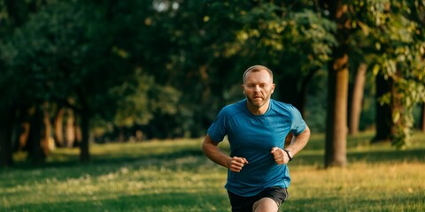 Fototapeta premium A middle-aged man in a blue shirt and black shorts is seen jogging through a tranquil park setting with lush green trees and a serene atmosphere during sunset.