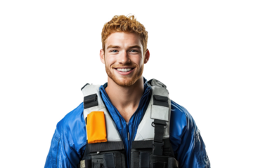 Portrait of a smiling American male lifeguard, viewed from the front, isolated on white transparent PNG cutout, with professional softbox lighting to ensure clarity.