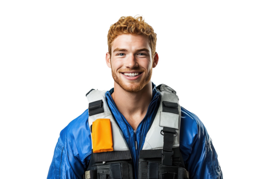 Portrait of a smiling American male lifeguard, viewed from the front, isolated on white transparent PNG cutout, with professional softbox lighting to ensure clarity. - Powered by Adobe