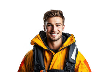 Portrait of a smiling American male lifeguard, viewed from the front, isolated on white transparent PNG cutout, with professional softbox lighting to ensure clarity.