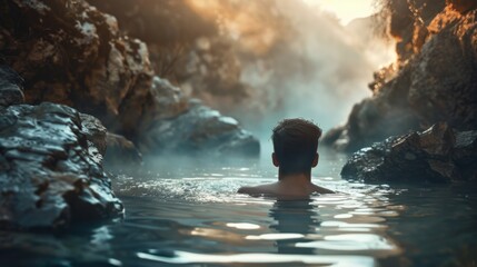 Obraz premium Man Relaxing in Serene Hot Spring, Surrounded by Steam, Rock Formations, Tranquil Waters, and Sun Rays in Peaceful Natural Setting at Sunrise