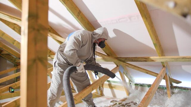House attic insulation - construction worker installing cellulose on the roof