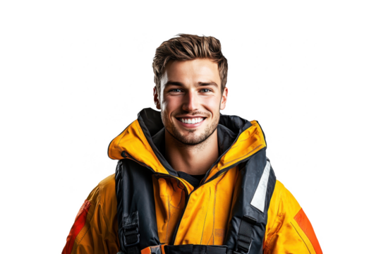 Portrait of a smiling American male lifeguard, viewed from the front, isolated on white transparent PNG cutout, with professional softbox lighting to ensure clarity.
