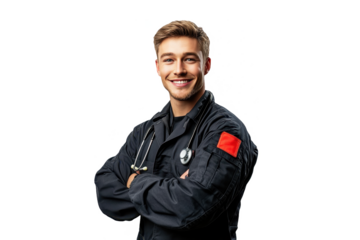 Cheerful American male nurse portrait, front view, isolated on a white transparent PNG cutout background, with professional softbox lighting for a clean, bright appearance.