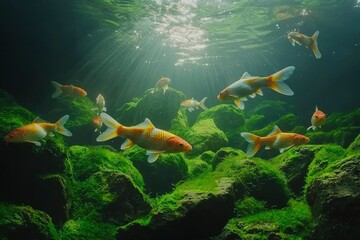 Fototapeta premium A School of Koi Fish Swimming in a Lush Pond