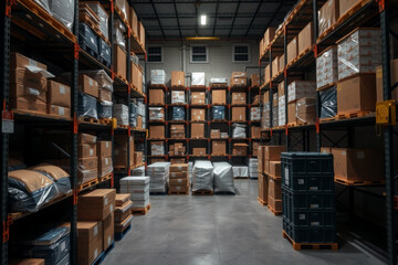 Sous un éclairage industriel, les colis s’empilent parfaitement dans un entrepôt high-tech, où l’automatisation et l’efficacité règnent en maître, rendant la logistique fluide et rapide.