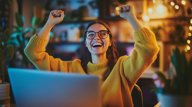 Radosna freelancerka cieszy się z sukcesu, siedząc przy biurku w domowym biurze. Jej gesty i uśmiech po zakończeniu projektu pokazują, jak wielką satysfakcję przynosi jej praca i osiągnięte cele.