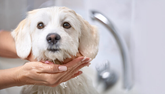 Dog taking bath at home,space for text