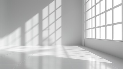 Obraz premium Minimalist Abstract White Background with Soft Shadows and Light Reflections, Ideal for Product Display or Advertising Backdrop in a Studio Setting