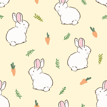 Seamless Pattern with Hand Drawn Rabbit, Leaf and Carrot Design on Light Yellow Background