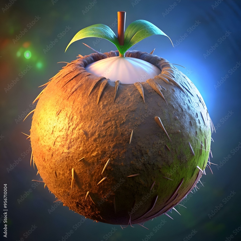 Fototapete a 3d rendered image of a unique. spiky. fruit like object with a single green sprout.